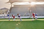 Women, hockey and sports on grass field, turf and pitch for competition, games and team training in outdoor sunshine. Girls field hockey players contest, action and performance match in stadium arena