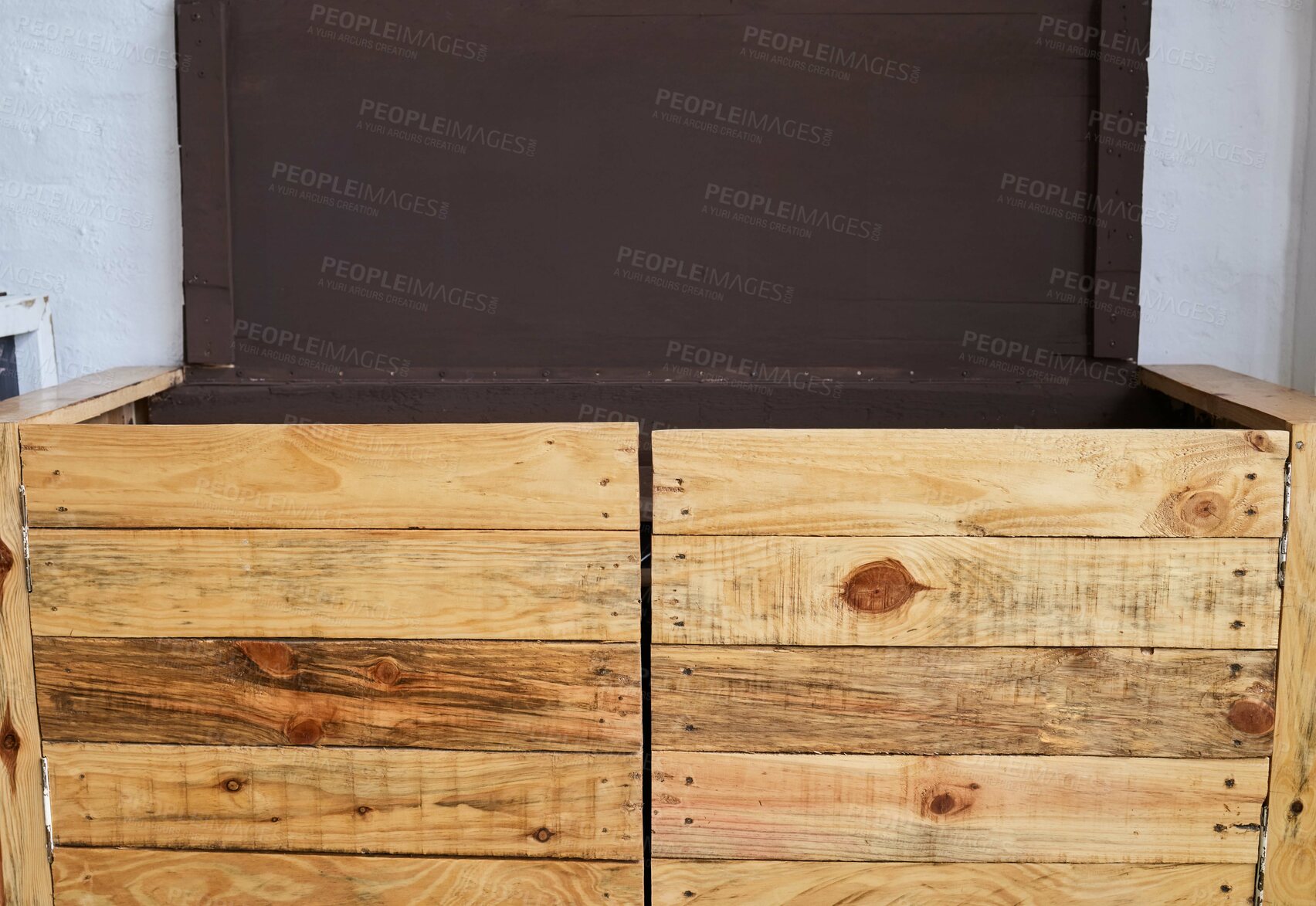 Buy stock photo Sign, recycling and sustainability with a wooden box for paper, plastic or general waste disposal. Environment, green and nature conservation with a crate for an eco friendly campaign on earth day