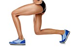 Stretching legs, fitness and woman training. Warm up, exercise and athlete runner with a stretch before a workout, cardio or running on isolated on a png background