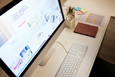 Buy stock photo Website, planning and a computer screen in an office, table or workspace connection. Strategy, business and a desktop pc at a desk for company information, web design or online graphic creativity