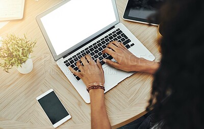 Buy stock photo Screen, hands and laptop at desk with journalist working from home with typing on keyboard. Education, student and journalism study with technology in house for online communication on internet.