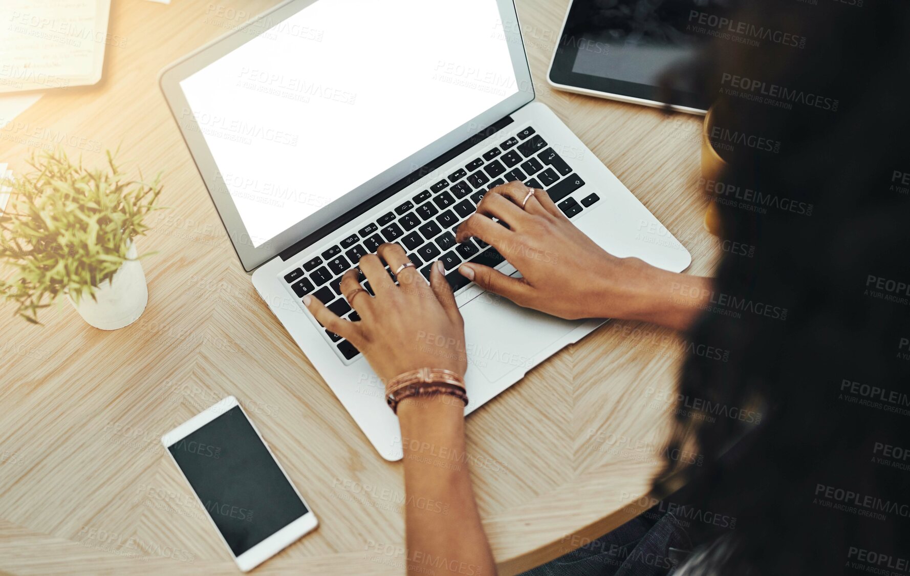 Buy stock photo Screen, hands and laptop at desk with journalist working from home with typing on keyboard. Education, student and journalism study with technology in house for online communication on internet.