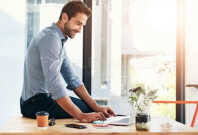 Buy stock photo Businessman, research and laptop in office for smile, startup management and working. Creative copywriter, computer and happy with schedule planning, online project and administration at desk