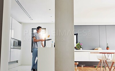 Buy stock photo Man, kitchen and pancakes in home for breakfast, cooking and vegan food for sweet treat. Alone, morning and baking ingredients on holiday for male person, flip and bachelor for nutrition and meal