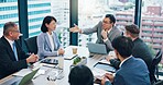 Employees, financial manager and office meeting for review, communication and teamwork in Japan. Business people, investment report and workplace for briefing, revenue project and brainstorming