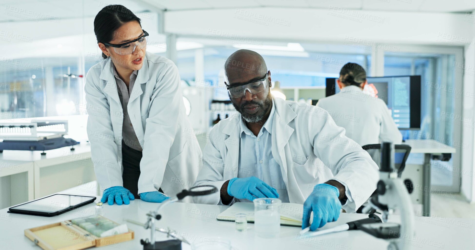 Buy stock photo People, scientist and teamwork at laboratory for medical research, investigation and drug discovery with chemicals. Scientific study, employees and serious with equipment for healthcare and medicine