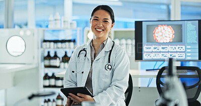 Buy stock photo Woma, scientist and happy on portrait at laboratory with pride or confidence for science research in Uganda. Female person, tablet and smile for scientific study with virus particles and medicine