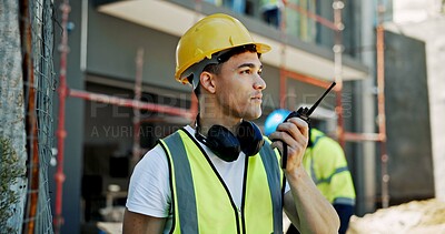 Buy stock photo Contractor, engineering and man with radio, communication and building development. Employees, coworkers and management for renovation, construction site and safety with helmet, talk and architecture