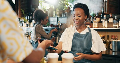 Buy stock photo Payment, pos and waitress with woman at restaurant for fintech, barista service or buying. Phone tap, customer experience and order with people in bar for digital transaction, mobile and purchase