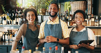 Buy stock photo Restaurant, hotel and portrait of people on tablet for inventory, menu items and checklist by bar. Teamwork, happy and man and women on digital tech for hospitality, alcohol service and online order