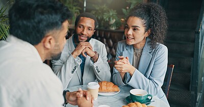 Buy stock photo Talking, meeting and planning with business people in cafe for startup investors, franchise growth and team. Hospitality market research, discussion and coffee shop launch with employees and client