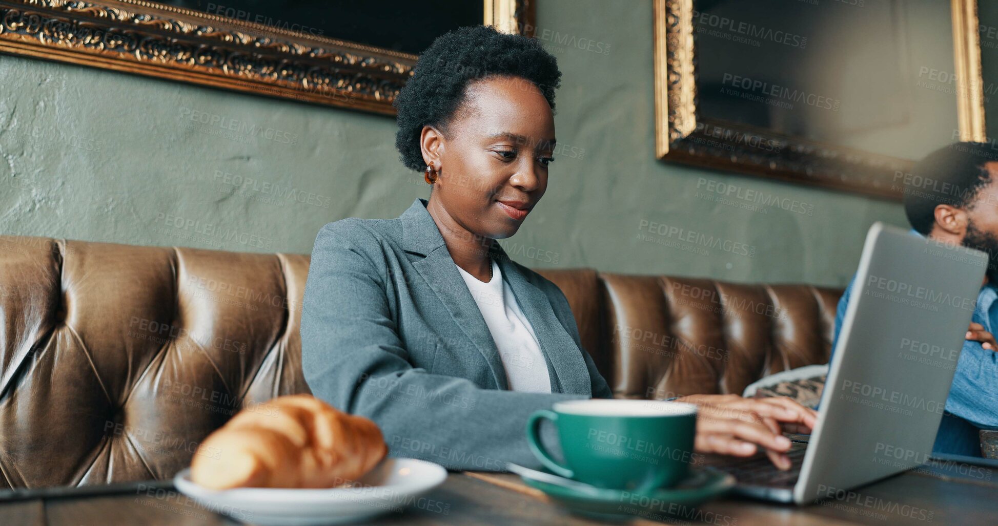 Buy stock photo Coffee shop, remote work and business black woman on laptop for online planning, proposal and research. Entrepreneur, restaurant and person on computer for website, project review and internet