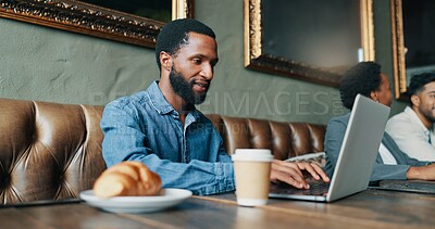 Buy stock photo Laptop, freelancer and research with man in cafe for typing, restaurant review and blog post. Email newsletter, article editor and coffee shop report with person for remote work writer and planning