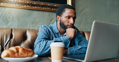 Buy stock photo Business, laptop and black man in coffee shop, thinking and remote work with online reading. Person, copywriting or freelancer in cafe, pc or internet with feedback for article and editing report
