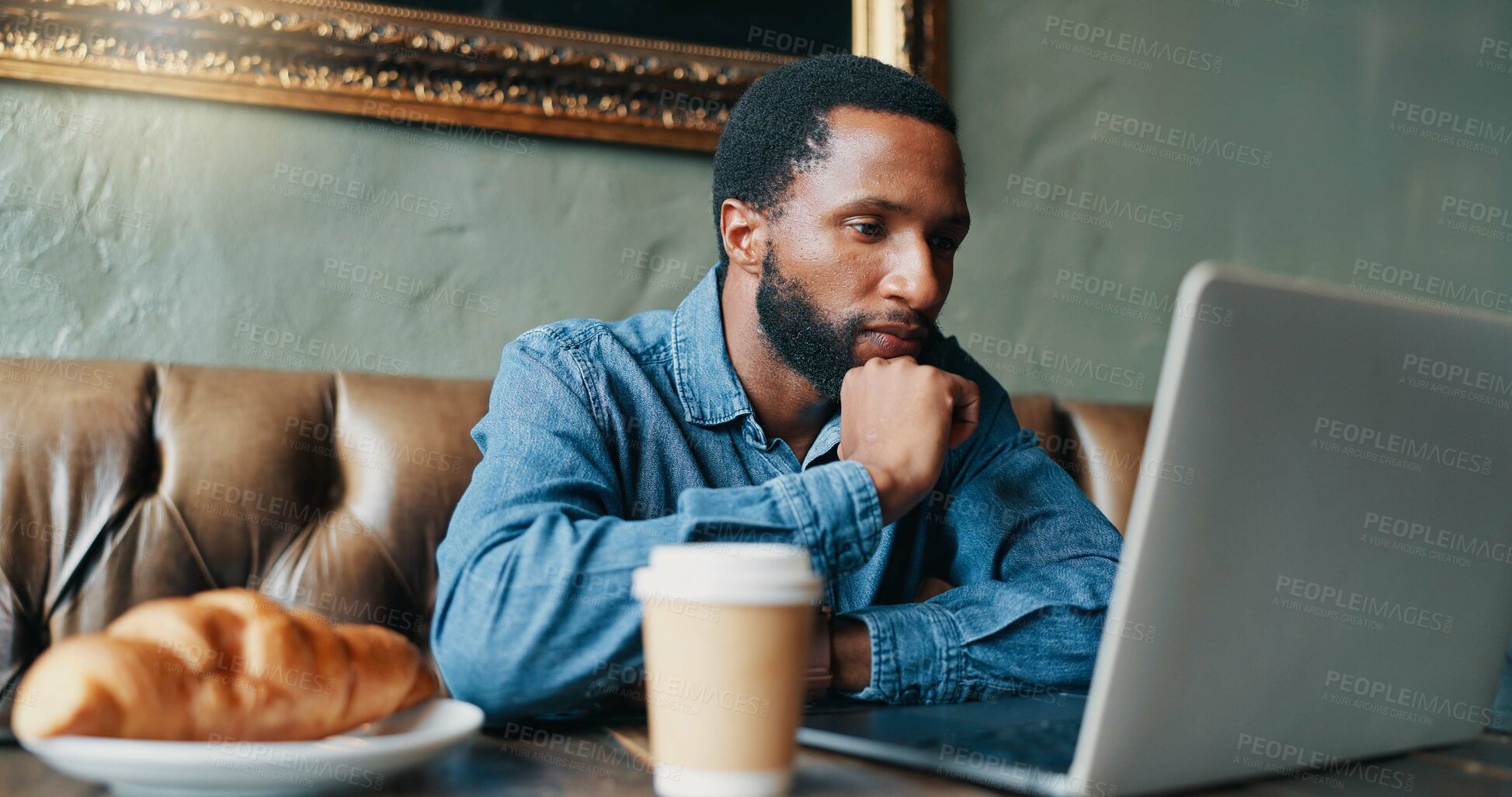 Buy stock photo Business, laptop and black man in coffee shop, thinking and remote work with online reading. Person, copywriting or freelancer in cafe, pc or internet with feedback for article and editing report