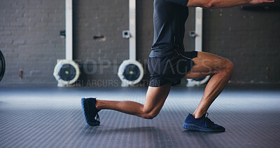 Buy stock photo Lunge, fitness and legs of man in gym to start workout, training and exercise for muscles. Sports, health club and person warm up for wellness, practice and strength for stretching and endurance