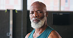 Portrait, fitness and senior black man for training, exercise and workout for endurance. Sports, gym and serious mature person for wellness, health and performance for muscles and retirement hobby