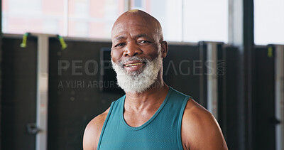 Buy stock photo Portrait, fitness and mature black man for training, exercise and workout for endurance. Sports, gym and senior person with smile for wellness, health and performance for muscles and retirement hobby