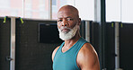 Portrait, fitness and senior black man for workout, exercise and training for endurance. Sports, gym and serious mature person for wellness, health and performance for muscles and retirement hobby