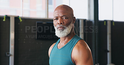 Buy stock photo Portrait, fitness and senior black man for workout, exercise and training for endurance. Sports, gym and serious mature person for wellness, health and performance for muscles and retirement hobby