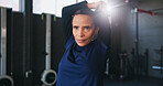 Stretching, fitness and woman in gym to start workout, training and exercise for mobility. Morning, health club and person warm up for wellness, practice and wellbeing for performance or endurance