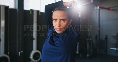 Buy stock photo Stretching, fitness and woman in gym to start workout, training and exercise for mobility. Morning, health club and person warm up for wellness, practice and wellbeing for performance or endurance