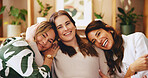 Senior woman, daughter and granddaughter in home, bonding or portrait with connection on sofa. Happiness, laughing with female people and healthy relationship, generations and support in family house