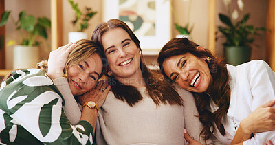 Buy stock photo Senior woman, daughter and granddaughter in home, bonding or portrait with connection on sofa. Happiness, laughing with female people and healthy relationship, generations and support in family house