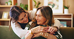Home, hug and mother with adult daughter, smile and bonding together in living room. Apartment, parent and mama on couch, embrace and family with happiness, loving and relax with relationship and joy