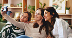Women, selfie and generations with family in home, senior mom, daughter and granddaughter with connection. Bonding, happy and female people smile in picture with love, care and mothers day memory