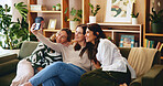 Women, selfie and generations with family in house, senior mom, daughter and granddaughter with connection. Bonding, happy and female people smile in picture with love, care and mothers day memory