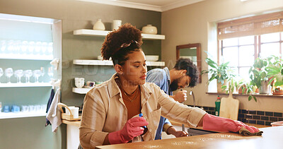 Buy stock photo Woman, cloth and cleaning with spray by kitchen counter in home with partner, gloves or routine in morning. People, relationship and ppe with chemical for bacteria, germs or disinfectant at apartment
