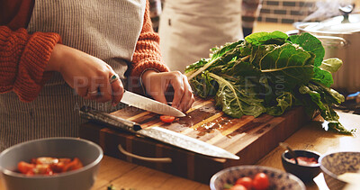 Buy stock photo Cooking, hands and knife with person in kitchen of home for cutting or meal preparation. Food, vegetable or wood board and chef in apartment with ingredients or recipe for diet, health and nutrition
