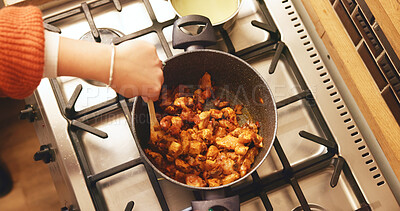 Buy stock photo Hands, pot and cooking chicken in kitchen, stove and heat for soup, ingredients and nutrition in home. Person, chef and meal prep with food, diet and above with stirring, recipe and meat at house