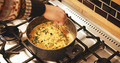 Buy stock photo Hands, pot and cooking in home, soup and heat with ingredients, nutrition and food on stove in kitchen. Person, chef and meal prep for flavor, diet and above with vegetables, recipe and stir at house