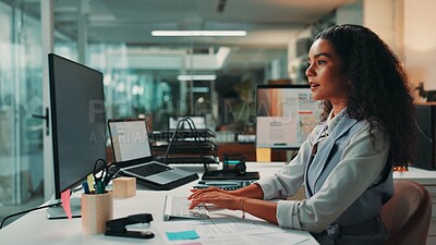 Buy stock photo Night, typing and woman with computer, office and journalist with ideas for story, deadline and creative. Business, reporter and person with tech for article, planning and employee with inspiration