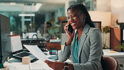 Buy stock photo Documents, phone call and smile of business black woman in office for administration or update. Conversation, feedback and review with happy African employee in professional workplace for negotiation