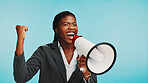 Business, black woman and shouting on megaphone in studio for bonus announcement or celebration speech. Mockup space, excited and employee with speaker for incentive winner or news on blue background