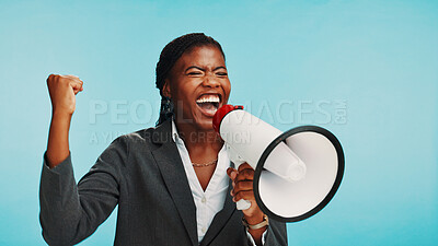 Buy stock photo Business, black woman and shouting on megaphone in studio for bonus announcement or celebration speech. Mockup space, excited and employee with speaker for incentive winner or news on blue background
