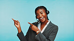 Pointing, customer support and portrait of black woman in studio for consulting, online help and contact. Blue background, professional and person with headset for sales, crm service and advertising