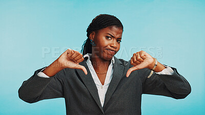 Buy stock photo Thumbs down, portrait and business with black woman in studio for client rejection, lawyer and case fail. Legal problem, claim denial and vote with person on blue background for policy breach 