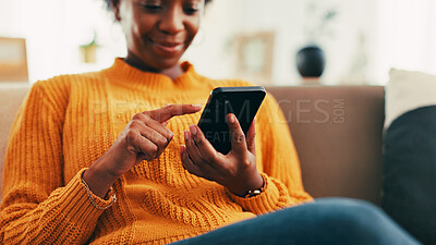 Buy stock photo Home, watching and woman with smartphone, browsing and subscription to app for entertainment and lounge. House, happy and black person with tech for movies, choice and membership for streaming site