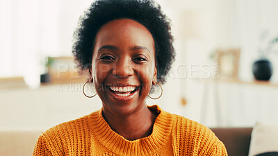 Buy stock photo Home, happy and portrait of black woman with smile for relaxing, resting and comfortable in morning. Apartment, house and face of person laughing for wellness, free time and peaceful on weekend