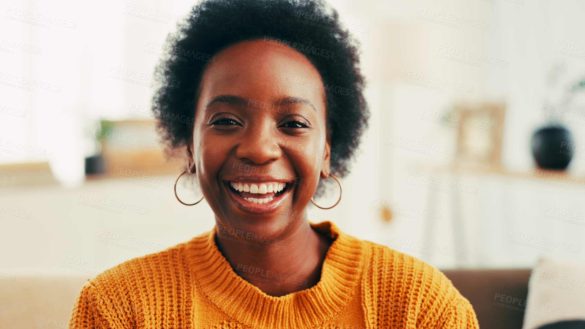 Buy stock photo Home, happy and portrait of black woman with smile for relaxing, resting and comfortable in morning. Apartment, house and face of person laughing for wellness, free time and peaceful on weekend