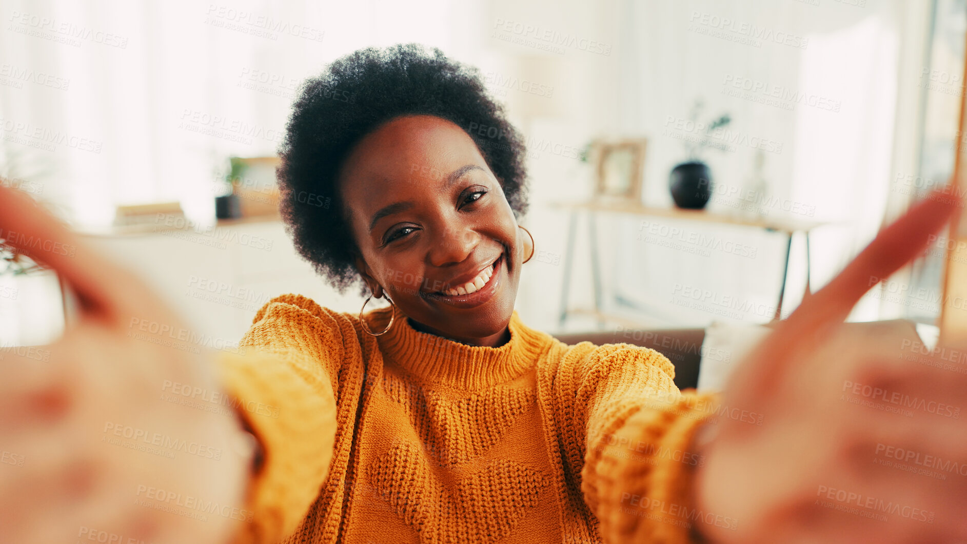 Buy stock photo Selfie, portrait and smile with black woman at home for social media post, memory and relax. Happiness, profile picture and photography with person in living room of house for pov and video call