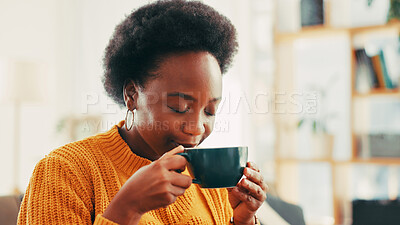 Buy stock photo Coffee, scent and black woman on sofa in home with happiness, calm and relax on weekend. Smile, peace and African female person smelling aroma of cappuccino, latte or matcha in living room at house.