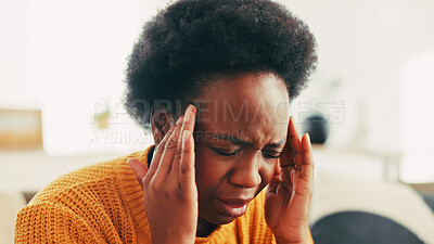 Buy stock photo Black woman, relax and headache on couch at house of brain fog, financial stress and mortgage bankruptcy. Person, fatigue and migraine from burnout, pain discomfort and dizzy for mistake of breakdown