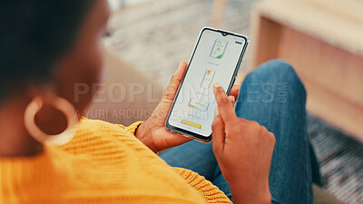 Buy stock photo Phone screen, hands and woman with online shopping, scroll and website for vitamins. Apartment, living room and person with cellphone, ecommerce or order for supplements and selection UI or UX
