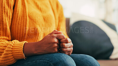 Buy stock photo Anxiety, stress and woman fidget with hands in home for mental health, phobia or overwhelmed. Guilty, worry and female person with fear for fail, mistake or abuse in living room at apartment.