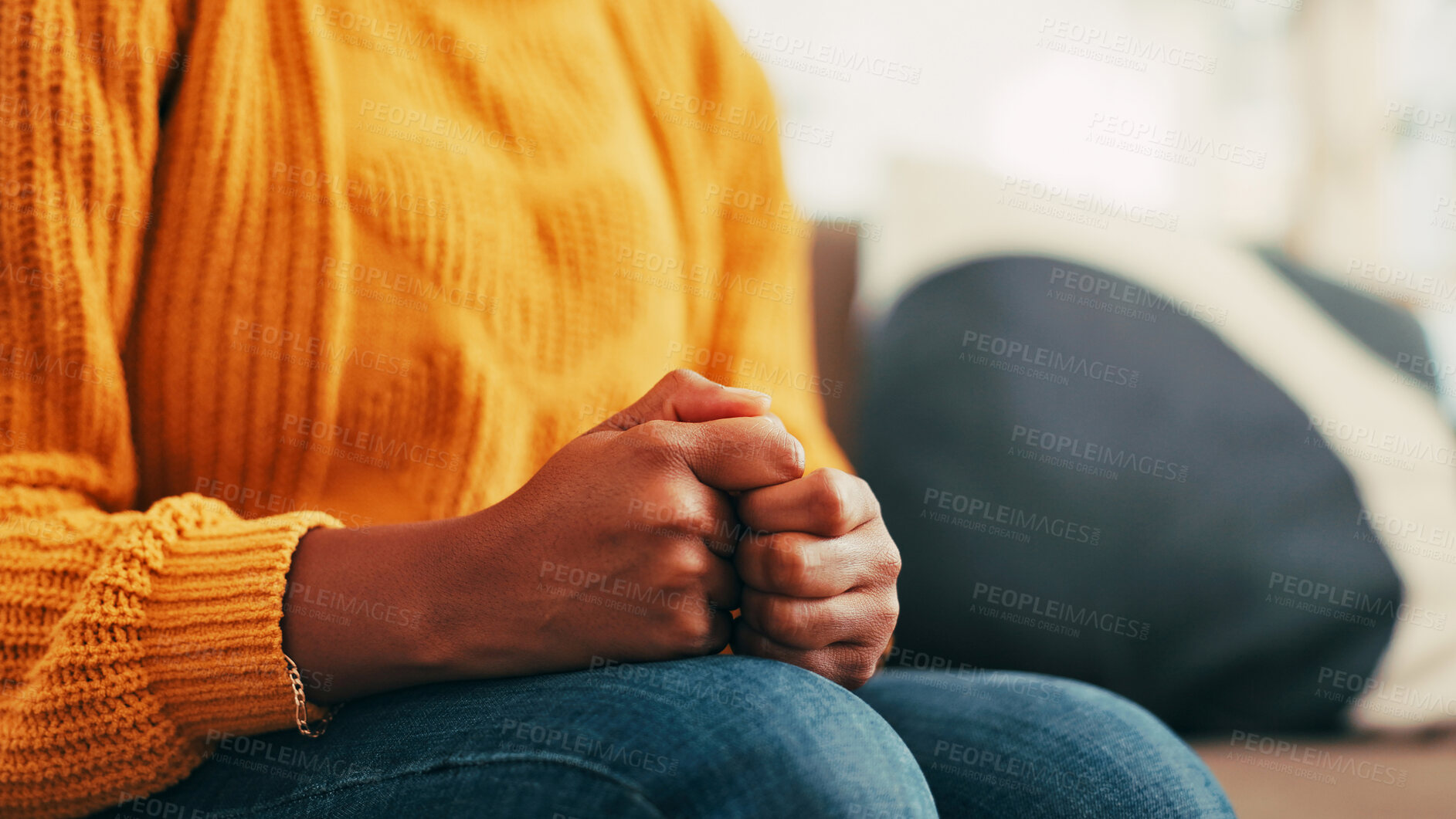 Buy stock photo Anxiety, stress and woman fidget with hands in home for mental health, phobia or overwhelmed. Guilty, worry and female person with fear for fail, mistake or abuse in living room at apartment.